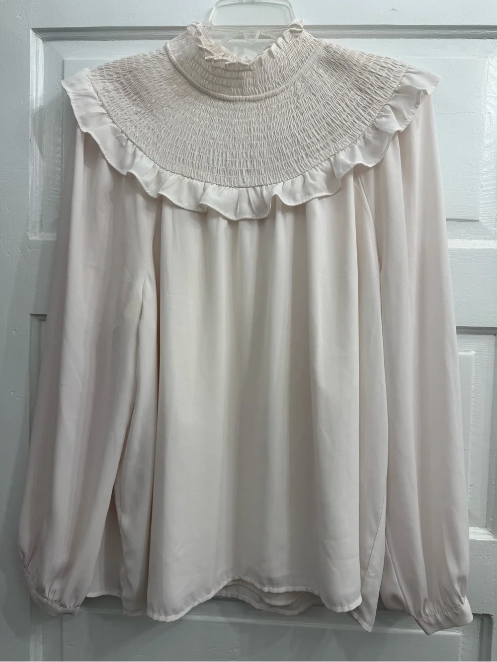 LOFT Smocked Ruffle Yoke Long Sleeve Blouse - Blush